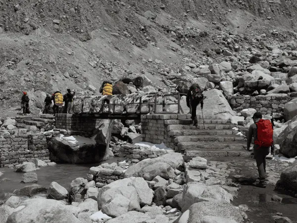 Trekkers Crossing Wooden Bridge At Thukla